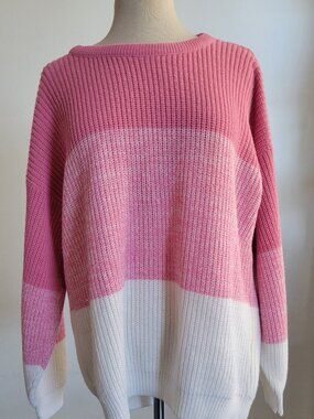 Adele Pink & White Color Block Oversized Long Sleeve Knit Sweater (Size: M)